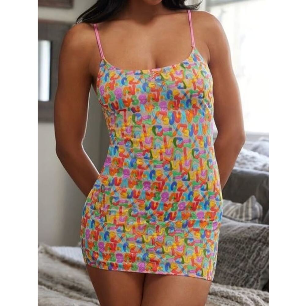 Savage X Fenty Tagged By Savage Love Sheer‎ Colorful Slip Lingerie Dress Large